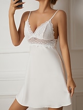 abordables Chemises de nuit et nuisettes pour femmes-Femmes Chemise de Nuit Occasionnel Confort Couleur Unie Dentelle Quotidien Maison Sans manches Bretelles Noir Blanche Été Printemps Coupe Slim