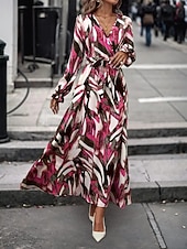 cheap Casual Floral Dresses-Women's Long Dress Maxi Dress A Line Dress Floral Dress Elegant Fashion Modern Daily Outdoor Vacation Regular Fit Floral Long Sleeve V Neck Red Brown Spring Fall