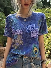 cheap Floral tee-Women's T Shirt Print Floral Graphic Plants Vintage Stylish Classic Short Sleeve Crew Neck Regular Tops Daily Weekend Blue Purple Summer Spring