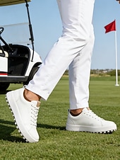 levne Pánské golfové boty-Pánské bílé golfové boty, čistý šněrovací design, lehká polstrovaná podrážka, klasický sportovní styl pro golfová hřiště a outdoorové nošení