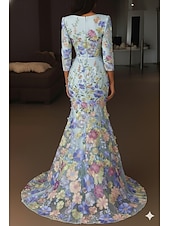  A-linje Gulvlengde Kveldskjoler Formell kjole Elegant Årgang Blomster Halvlange ermer V-hals Bryllup Formell Sateng Blonder med Brodert blomst Broderi Appliqué