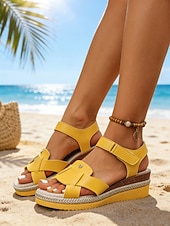 abordables Sandales compensées-Sandales compensées orange pour femmes – chaussures de vacances confortables et élégantes pour la plage, les voyages et les sorties estivales
