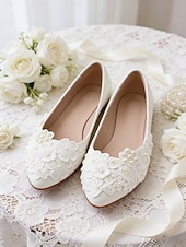 cheap Bride-Women's Ivory Lace Ballet Flats with Floral Appliqué, Elegant Bridal Shoes for Bride at Church Wedding Ceremony