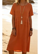cheap Dresses-Women's Midi Dress Cotton Blend Shift Dress Cotton Linen Dresses Casual Dress Classic Modern Daily Weekend Regular Fit Plain Short Sleeve Crew Neck Blue Black Yellow Pink Summer