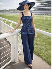 baratos Terninhos de calça da mamãe-Terninho Traje de 3 peças Longo Vestido Para Mãe dos Noivos Manga 3/4 Decote Quadrado Elegante Formal Convidado do casamento Chiffon Paetês com Lantejoulas Apliques