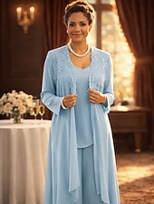 economico Tailleur pantalone della mamma-Tuta Completo Pantalone Tre Pezzi Lunghezza al pavimento Abito da cerimonia per signora Senza Maniche Scollo a V Elegante Festa Formale Ospite di nozze Pizzo Misto Lino-Cotone Abiti con Giacca con