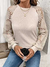 cheap Lace Tops-Women's Shirt Blouse Lace Tops Long Sleeve Tops Lace Patchwork Plain Stylish Basic Classic Long Sleeve Crew Neck Regular Tops Daily Holiday Going out Apricot Summer Spring
