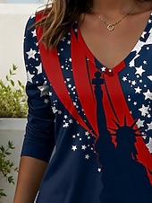  Amerikanischer Unabhängigkeitstag Damen T Shirt T-Shirt Druck Grafik Amerikanische Flagge Stilvoll Klassisch Lässig Langarm V Ausschnitt Normale Oberteile Täglich Ausgehen Wochenende Blau Rote