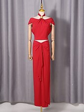 abordables Semi-formal / Cóctel-Two Piece Sheath Column Floor Length Wedding Guest Dress Wedding Guest Dresses Elegant Daily Cap Sleeve Halter Neck Garden Party Wedding with Ruched