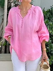 baratos Camisas Falsas Essenciais-Blusa de Linho Feminina Como Algodão Falso Botões Cor Sólida Casual de Mangas Longas Decote V Tops Longos Diários Azul Preto Branco Rosa Primavera Outono