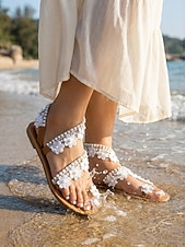 cheap Women-Women's Beige Lace Flat Sandals – Natural Boho Style for Beach Vacation