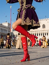 tanie Buty damskie-Wysokie botki z czerwonego lakierowanego syntetycznego materiału na obcasie blokowym – odważne i błyszczące obuwie na karnawał imprezy i uroczystości