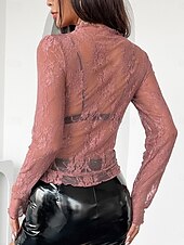 baratos Tops de Renda-Mulheres Top de emenda de renda Blusa Renda Patchwork Geométrica Elegante à moda Moderno Manga Longa Gola Alta Tops regulares Diário Feriado Para Noite Preto Branco Rosa Vermelho Verão Primavera