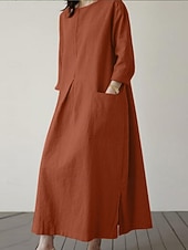 זול שמלות פו המהותיות-בגדי ריקוד נשים שמלת מיני פשתן כותנה דמוי עור שמלת שיפט יום יומי יומי מונח בצורה רפויה אחיד שרוול ארוך צווארון עגול קצר שחור כתום ירוק צבאי משמש קיץ אביב סתיו