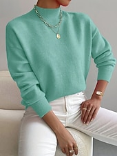 billiga Plain Pullover-Women's Sweater Pullover Fashion Streetwear Casual Solid Color Mock Neck Knitted Long Sleeve Regular Tops Knit Daily Holiday Going out Yellow Pink Fall Winter