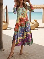 abordables Vestidos Boho-Mujer Vestido Midi Vestido estilo camiseta Casual Diario Delgado Graphic Geométrico Manga Larga Cuello Barco Azul Piscina Amarillo Rojo Morado Verano Primavera