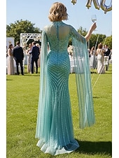  Sirena Tromba Strascico a Terra Perline ricamate Abito da invitata a nozze Abito Formale Abito da Sera Elegante Scintillante Stile Celebrità Senza Maniche Girocollo Festa serale Matrimonio Shiena