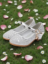 ieftine Copii și fetița cu flori-Pantofi Mary Jane cu sclipici pentru fetițe, cu toc jos, față strălucitoare și curea cu cataramă sigură, pantofi eleganți în stil prințesă pentru fete, pantofi perfecți pentru fetițe de nuntă și