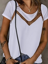 abordables Camiseta lisa-Mujer Camiseta Camiseta superior Encaje Plano Moda Elegante Clásico Manga Corta Cuello Barco Tops regulares Diario Noche Fin de semana Azul Piscina Negro Blanco Rojo Verano Primavera