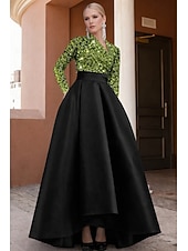 cheap A-Line Evening Dresses-A-Line Asymmetrical Evening Gown Elegant Color Block Glittering Long Sleeve V Neck Wedding Formal Pocket Satin Sequined with Glitter Pocket