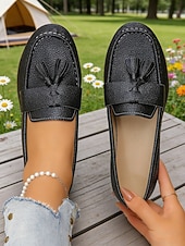 cheap Women's Slip-Ons &amp; Loafers-Women's White Tassel Moccasins Loafers – Soft Faux Leather Slip-On Shoes for Work, Weekend Wear, Travel &amp; Smart Casual Looks