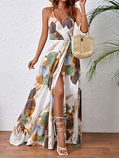 tanie Sukienki kwiatowe na co dzień-Damskie Sukienka maxi Codzienne sukienki Sukienka w kwiatki Sukienka na ramiączkach Elegancja Moda Nowoczesny Na zewnątrz Urlop Wyjściowe Regularny Kwiaty Bez rękawów W serek Biały Lato Wiosna