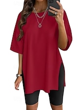 voordelige Effen t-shirt-Dames T-shirt Zijsplit Effen Kleur Grafisch Modieus Klassiek Casual Korte mouw Strakke ronde hals Ronde hals Lange tops Dagelijks Uitgaan blauw Zwart Wit Lichtgroen Blozend Roze Zomer Lente