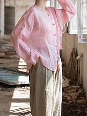 baratos Coleção de Linho Premium-Camisa feminina 100% linho, blusa com botões, lisa, estilo vintage, manga longa, gola redonda, tops regulares para uso diário, férias, sair, nas cores preto, rosa, vermelho e verde, para verão e primavera.