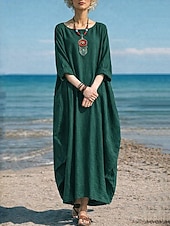 cheap Luxury Dresses-Women's Cotton Linen Maxi Dress Shift Dress Casual Daily Regular Fit Plain 3/4 Length Sleeve Crew Neck Blue White Red Dark Green Summer Spring Fall