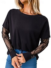 billiga Enkla blusar-Dam Spets Splicing Top Blus Dressiga toppar Rynkad Spets Lappverk Slät Elegant Vintage damer Långärmad Rund hals Vanliga toppar Dagligen Arbete Helgdag Svart Höst Vinter