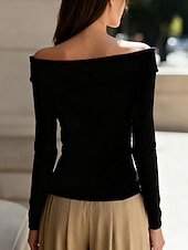 baratos Camiseta lisa-Mulheres Blusa Botões Côr Sólida à moda Casual Manga Longa Ombro a Ombro Tops regulares Diário Preto Branco Primavera Outono