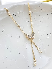 olcso Női nyaklánc-Női ötvözet műgyöngyös pillangós nyaklánc, finom Y-láncos kialakítás, arany és ezüst árnyalatok, elegáns minimalista stílus, tökéletes mindennapi viseletre, hétköznapi öltözékekhez és rétegezéshez