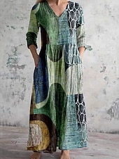 economico Abiti Floreali Stampati-Per donna Abito Midi Abito Camicia Vestito Casual Abito Boho Moda Classico Moderno Quotidiano All'aperto Vacanza Vestibilità regolare Geometrico Manica Lunga Scollo a V Verde Estate Primavera Autunno