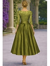  A-linja Polven yli Cocktailmekot Tyylikäs 3/4 hiha Venekaula-aukko Puutarhajuhlat Häät Tafti Paljetein koristeltu kanssa Rusetti(rusetit) Laskokset