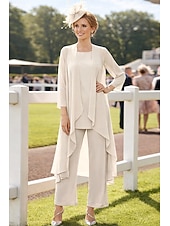 voordelige Broekpakken van mama-3-delig pak Tot de grond Moeder van de bruid jurk Mouwloos Nek boot Elegant Grote maten Bruiloft gast Chiffon Wrap inbegrepen met Effen kleur