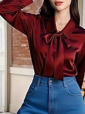 Χαμηλού Κόστους Επίσημες Μπλούζες-Γυναικεία Κομψή Σατέν Μπλούζα Μπλούζα Ντυτές μπλούζες Σουρωτά γραβάτα μπροστά Κουρελού Σκέτο Κομψό Βίντατζ Στυλάτο Μακρυμάνικο Λαιμόδεση Κανονικά μπλουζάκια Καθημερινά Δουλειά Αργίες Κρασί