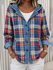 preiswerte Kapuzenjacke-Damen Freizeitjacke Kapuzenjacke Warm Bequem Reißverschluss Tasche Knöpfe Lässig Karomuster Heim Outdoor Urlaub Alltagskleidung Regulär Mit Kapuze Lässiger Schnitt Langarm Oberbekleidung Blau Herbst