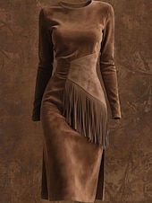 preiswerte Western Boho Kleid-Damen Midikleid Langes Kleid Maxikleid Vintage-Kleid Kleid aus Wildlederimitat Vintage Mode Täglich Outdoor Urlaub Normale Passform Einfach Langarm Rundhalsausschnitt Schwarz Braun Aprikose Sommer