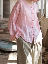 baratos Coleção de Linho Premium-Camisa feminina 100% linho, blusa com botões, lisa, estilo vintage, manga longa, gola redonda, tops regulares para uso diário, férias, sair, nas cores preto, rosa, vermelho e verde, para verão e primavera.