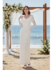  Футляр В пол Свадебное платье для гостей Маленькое белое платье Элегантный стиль Маленькие белые платья Длинный рукав С открытыми плечами Свадьба с Рюши