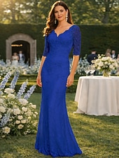 abordables Longueur du plancher-Sirène Trompette Longueur au sol Robe d'invité de mariage Robe de Cérémonie Robe de soirée Robe de Mère de Mariée  Demi Manches Col en V Grande taille Sexy robe demoiselle d honneur Chiffon Dentelle