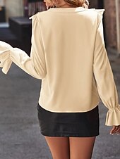 Χαμηλού Κόστους Απλές μπλούζες-Γυναικεία Πουκάμισο Μπλούζα Με Βολάν Σκέτο Κομψό Στυλάτο Μοντέρνα Μακρυμάνικο Λαιμόκοψη V Κανονικά μπλουζάκια Καθημερινά Αργίες Εξόδου Μαύρο Βαθυγάλαζο Πράσινο του τριφυλλιού Σομόν Ροζ Τριανταφυλλί