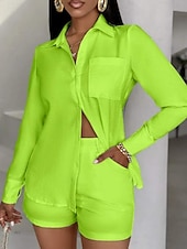 Недорогие Женские блузки-костюмы-Жен. Комплекты шорт Болеро Топ Длинный рукав Рубашечный воротник Сплошной цвет Мода Уличный стиль Повседневные на открытом воздухе Офис Белый Зеленый Лето Стандартный