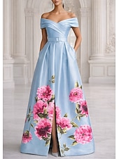  A-linje Gulvlengde Kveldskjoler Elegant Blomster Kortermet Løse skuldre Hage fest Bryllup Lomme Sateng med Blomstertrykk