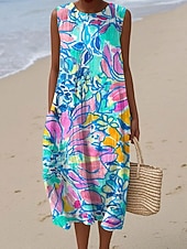 preiswerte Boho Kleider-Damen Midi Kleid Leinenähnliches Sommerkleid Shift Kleid A-Linien Kleid Urlaub Freizeit Boho Strand Party Ausgehen Lockere Passform Floral Grafik Ärmelos Rundhalsausschnitt Blau Rosa Dunkelblau