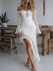 economico Vestito Semplice-Per donna Abito maxi Tubino Elegante Festa cocktail All'aperto Feste Matrimonio Pizzo Volant Patchwork Vestibilità regolare Tinta unica Manica Lunga Senza Spalle Nero Bianco Rosso