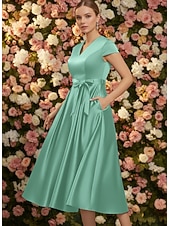 cheap Tea Length-A-Line Tea Length Party Dress Cocktail Dress Wedding Guest Dress Mother of the Bride Dress Cap Sleeve V Neck Elegant Formal Wedding Guest Satin with Bow(s)