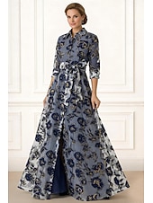 billige Gulvlengde-A-linje Gulvlengde Skjortekjole Gjestekjole til bryllup Formell kjole Kjole til brudens mor 3/4 ermer Skjortekrage Elegant Enkel Formell Organza Jacquard med Sløyfe(r)