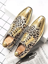 cheap Derby Shoes-Men's Gold Leopard Print Dress Shoes – Bold and Fashionable Design for Formal Events and Celebrations and Weddings