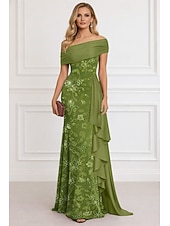 billiga Ballgowns för kvällsbruk-A-linje Golvlång Kvälls klänningar Balklänning med överkjol Formell klädsel Elegant Kändis Stil Ärmlös Över axeln Trädgårdsfest Bröllop Chiffong Satäng med Pärlor Veckad Krusad